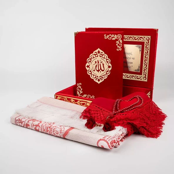 Şal + Seccade + Tesbih + Kuran Hediye Seti (Orta B. Şems Lafzatullah Gold Pleksi Raşel Kutu, Kırmızı) - Resim 2
