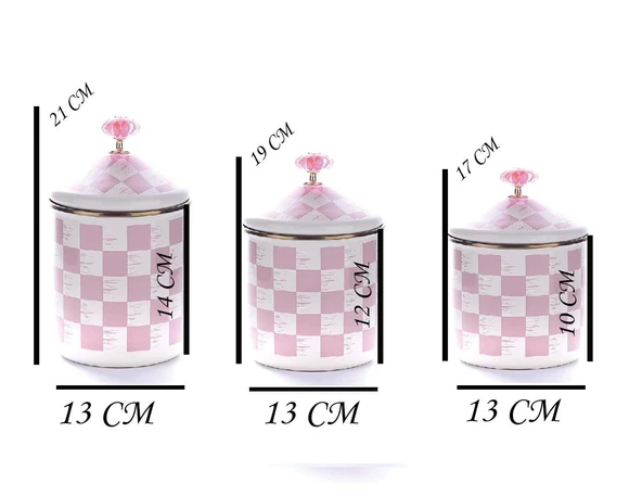 Emaye 3lü Saklama Kızartma Tenceresi 3lü Kavanoz Seti ve Sos Tavası Pembe Dama Desen - 5