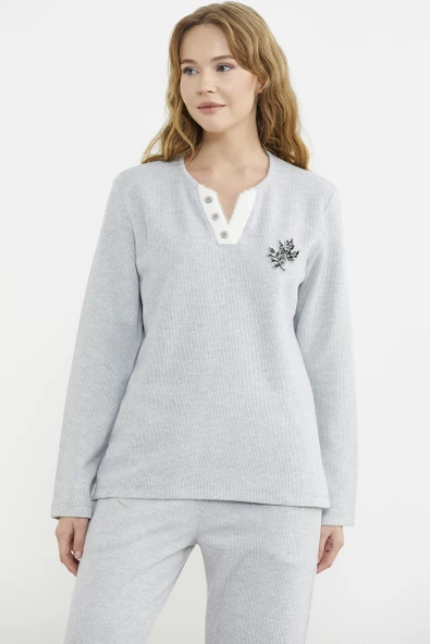 Fitilli Yaka Detaylı Pijama Takım - Gri - Resim 3