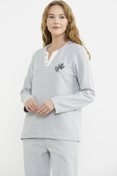 Fitilli Yaka Detaylı Pijama Takım - Gri - Resim 2