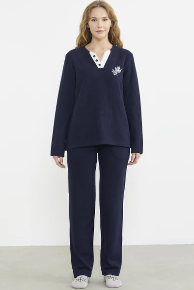 Fitilli Yaka Detaylı Pijama Takım - Lacivert ürün görseli 1
