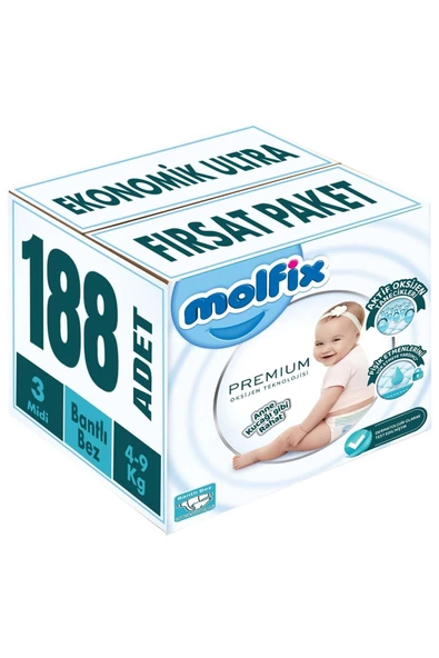 Molfix Premium Bebek Bezi Beden:3 (4-9KG) Midi 188 Adet Ekonomik Ultra Fırsat Pk