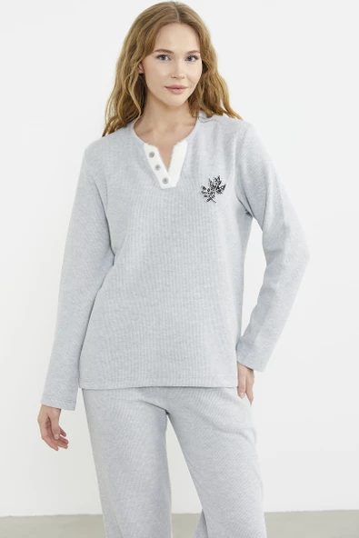 Fitilli Yaka Detaylı Pijama Takım - Gri - Resim 5