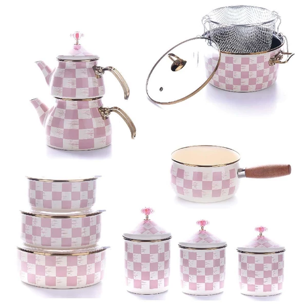 Emaye Çaydanlık 3lü Saklama Kabı Kızartma Tenceresi  Kavanoz Seti ve 14 CM Sos Tavası Pembe Dama Desen