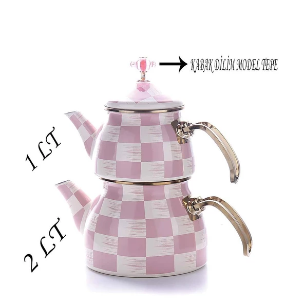 Emaye Çaydanlık Kızartma Tenceresi 3lü Saklama Seti Pembe Dama Desen - 2