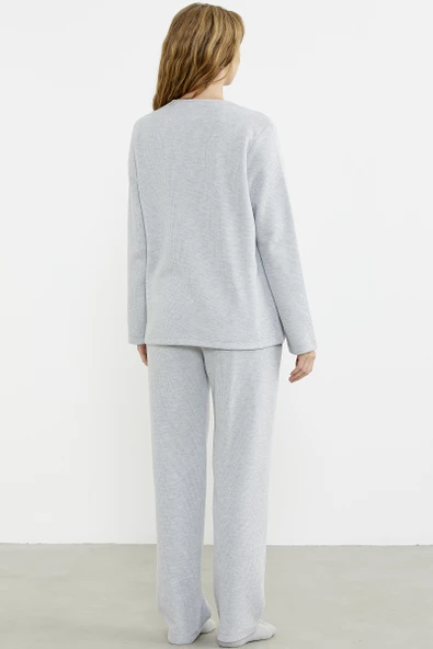 Fitilli Yaka Detaylı Pijama Takım - Gri - Resim 6