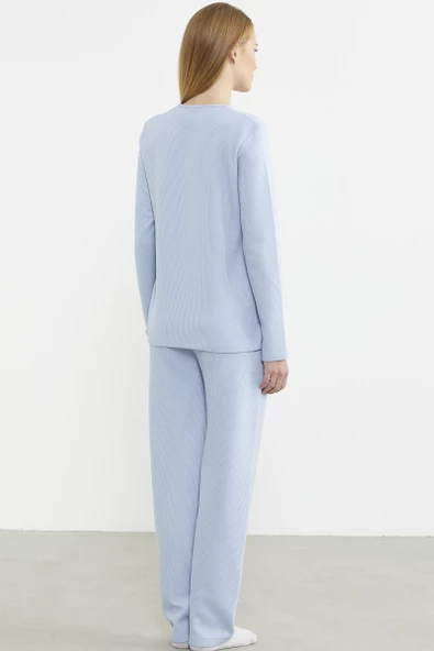 Fitilli Yaka Detaylı Pijama Takım - Mavi - 6