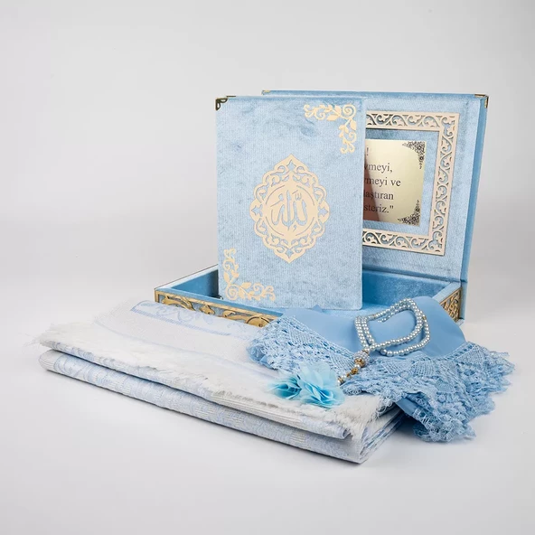 Şal + Seccade + Tesbih + Kuran Hediye Seti (Orta B. Şems Lafzatullah Gold Pleksi Raşel Kutu, B.Mavi) - Resim 2