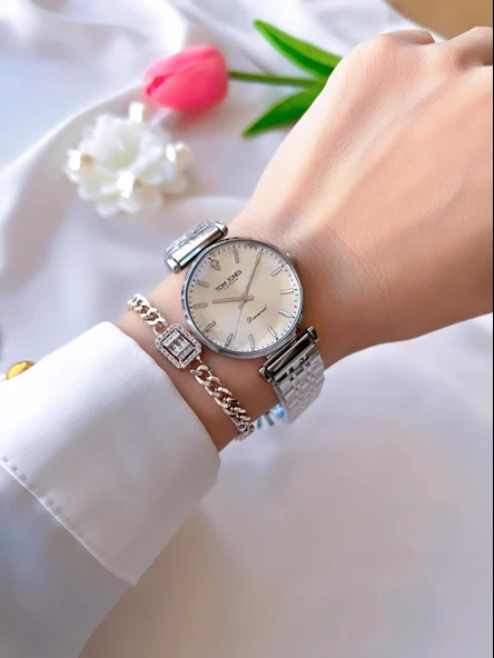 Tom Jones Çelik Kordon Kararma Renk Atma Yapmaz 3 Atm Suya Dayanıklı Kadın Kol Saati BTJ.1.2385.01 - Resim 2