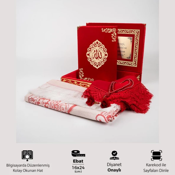 Şal + Seccade + Tesbih + Kuran Hediye Seti (Orta B. Şems Lafzatullah Gold Pleksi Raşel Kutu, Kırmızı) ürün görseli 1