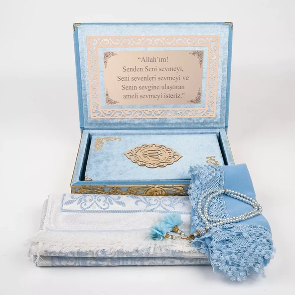 Şal + Seccade + Tesbih + Kuran Hediye Seti (Orta B. Şems Lafzatullah Gold Pleksi Raşel Kutu, B.Mavi) - Resim 3