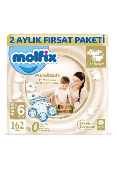 Molfix Pure&soft 6 Beden E.large 2 Aylık Fırsat Paketi 162 Adet