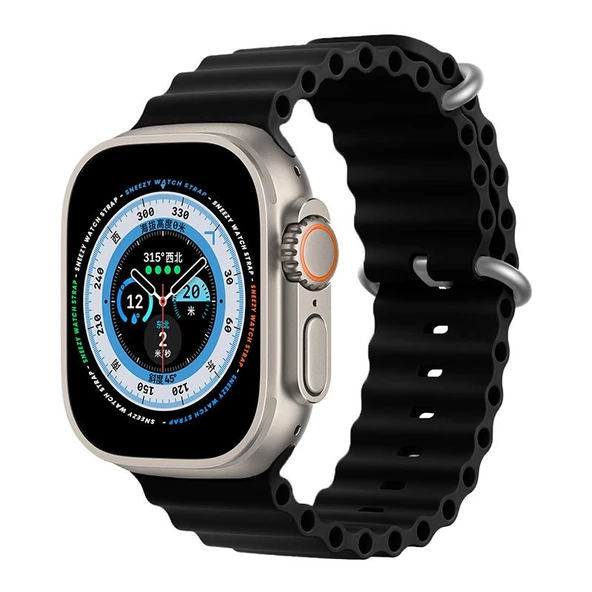 Apple Watch 49mm Ultra Seri Uyumlu Seaflex Ocean Silikon Kordon  Siyah