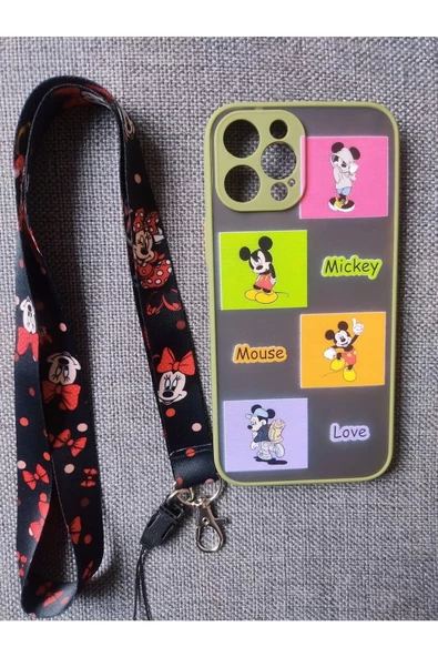 Iphone 12 Pro Max Uyumlu Mickey Mouse Tasarım Hux Telefon Boyun Askılı Set Kılıf