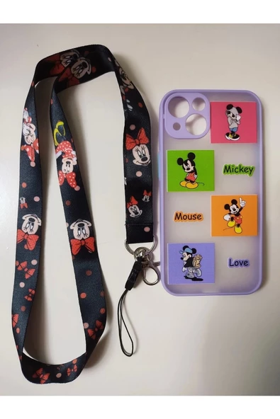 Iphone 13 Uyumlu Kamera Korumalı Mickey Mouse Tuşları Renkli Hux Telefon Boyun Askılı Set Kılıf