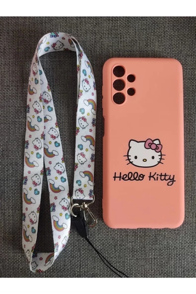 Samsung Galaxy A13 Uyumlu Hello Kitty Tasarım Kamera Korumalı Telefon Boyun Askılı Set Kılıf