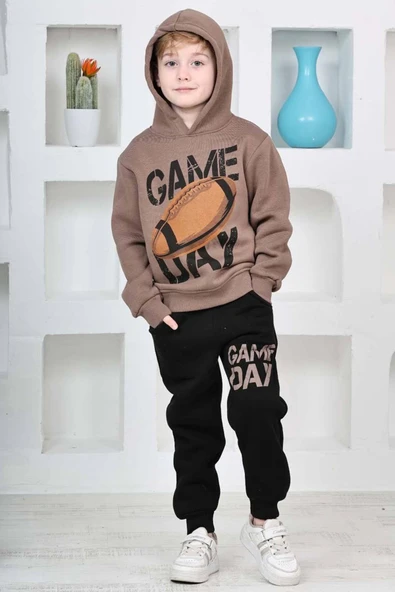 Erkek Çocuk Üzerinde Top ve Game Day Yazı Baskılı Sweatshirt 3 İplik Kahverengi Eşofman Takım - Resim 2