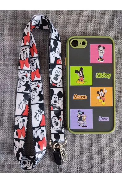 Iphone 7 / Iphone 7 / Iphone Se 2020 Uyumlu Mickey Mouse Tasarım Telefon Boyun Askılı Set Kılıf