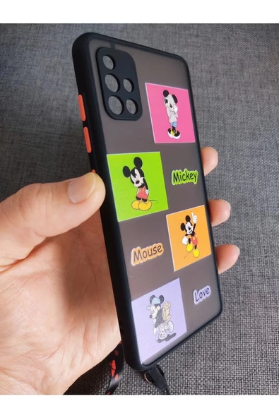 Samsung Galaxy A52 Mickey Mouse Tasarım Tuşları Renkli Hux Telefon Boyun Askılı Set Kılıf - 3