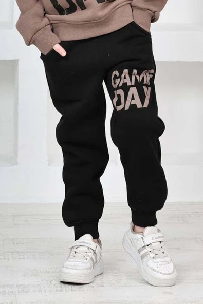 Erkek Çocuk Üzerinde Top ve Game Day Yazı Baskılı Sweatshirt 3 İplik Kahverengi Eşofman Takım - Resim 4