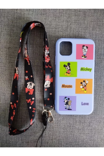 Iphone 11 Uyumlu Mickey Mouse Tasarım Içi Kadife Lansman Telefon Boyun Askılı Set Kılıf