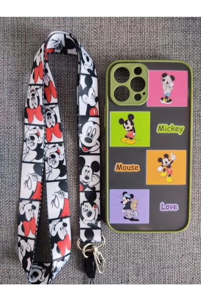 Iphone 12 Pro Uyumlu Kamera Mickey Mouse Tuşları Renkli Telefon Boyun Askılı Set Yeşil Kılıf