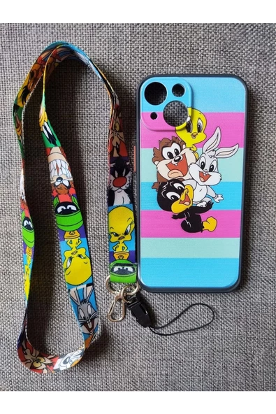 Iphone 14 Uyumlu Kamera Korumalı Looney Tunes Tuşları Renkli Telefon Boyun Askılı Set Kılıf