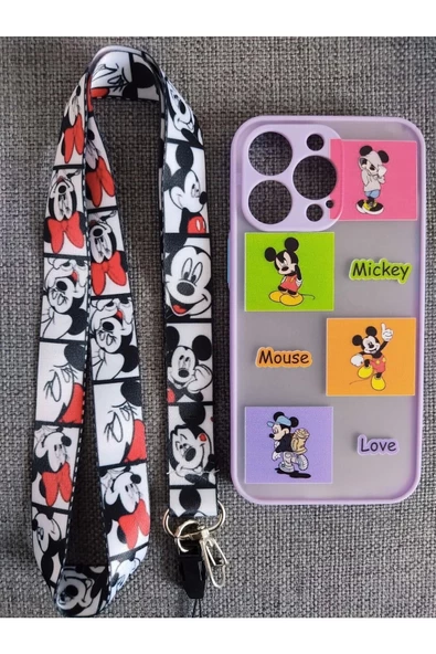 Iphone 13 Pro Uyumlu Mickey Mouse Tasarım Tuşları Renkli Telefon Boyun Askılı Set Kılıf