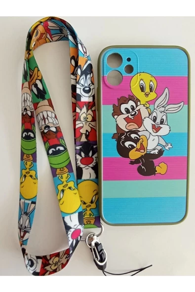 Iphone 11 Uyumlu Looney Tunes Tasarım Tuşları Renkli Telefon Boyun Askılı Kapak