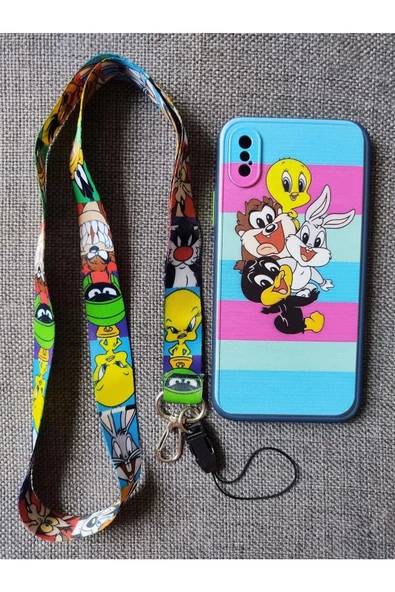 Iphone X / Iphone Xs Uyumlu Looney Tunes Tasarım Tuşları Renkli Telefon Boyun Askılı Set Kılıf