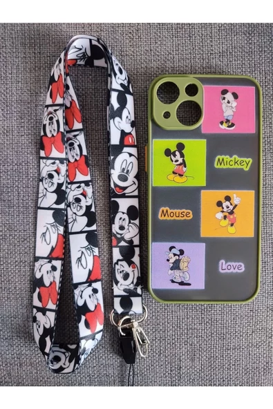 Iphone 14 Uyumlu Kamera Korumalı Mickey Mouse Tasarım Tuşları Renkli Telefon Boyun Askılı Set Kılıf