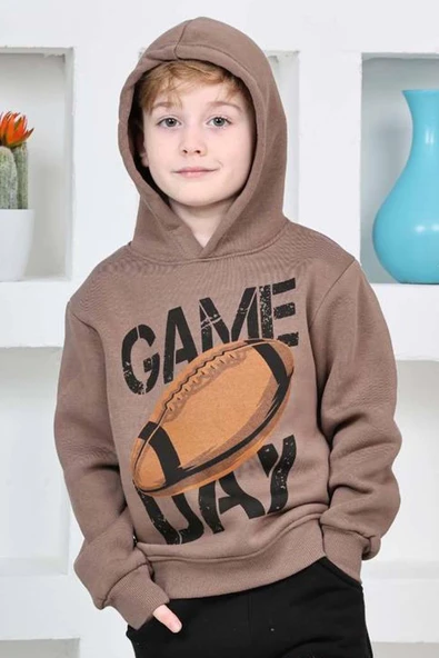 Erkek Çocuk Üzerinde Top ve Game Day Yazı Baskılı Sweatshirt 3 İplik Kahverengi Eşofman Takım - Resim 3