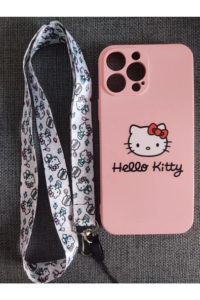 Iphone 13 Pro Max Hello Kitty Tasarım Telefon Boyun Askılı Set Kılıf