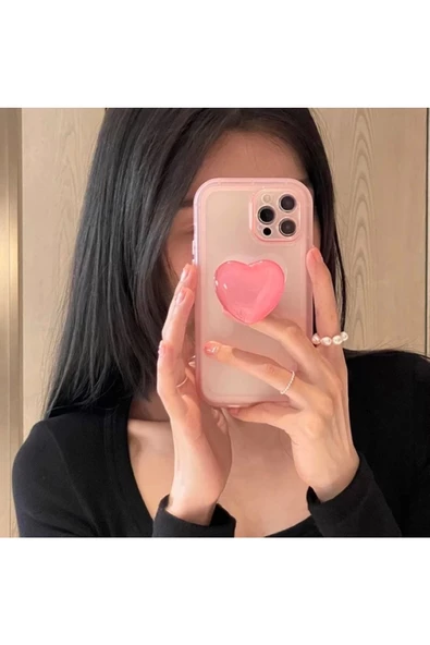 Iphone 12 Pro Uyumlu Kamera Korumalı Kalp Popsocketli Pembe Kılıf