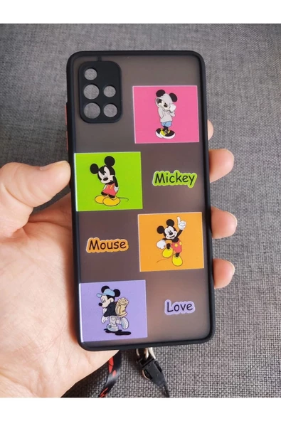 Samsung Galaxy A52 Mickey Mouse Tasarım Tuşları Renkli Hux Telefon Boyun Askılı Set Kılıf - 2