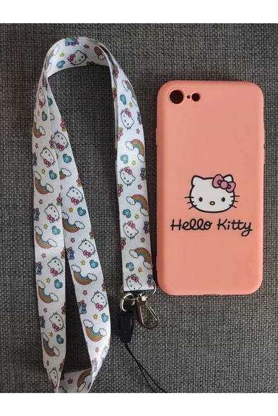 Iphone 7 / Iphone 8 / Iphone Se 2020 Pembe Hello Kitty Telefon Boyun Askılı Set