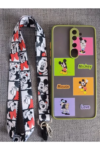 Xiaomi Redmi Note 8 Pro Mickey Mouse Tasarım Tuşları Renkli Telefon Boyun Askılı Set Kılıf