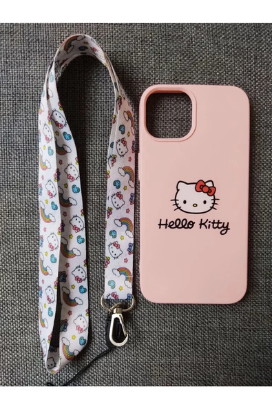 İPhone 14 Pro Max Hello Kitty Tasarım Pembe Lansman Telefon Boyun Askılı Set Kılıf