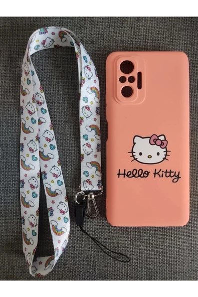 Xiaomi Redmi Note 10 Pro Hello Kitty Tasarım Telefon Boyun Askılı Set Kılıf