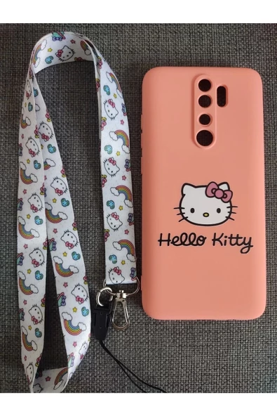 Xiaomi Redmi Note 8 Pro Uyumlu Renkli Hello Kitty Tasarım Telefon Boyun Askılı Set Kılıf