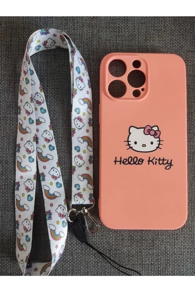 Iphone 14 Pro Max Hello Kitty Tasarım Pembe Lansman Telefon Boyun Askılı Set Kılıf