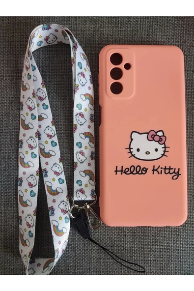 Samsung Galaxy M23 Uyumlu Hello Kitty Tasarım Telefon Boyun Askılı Set Kılıf