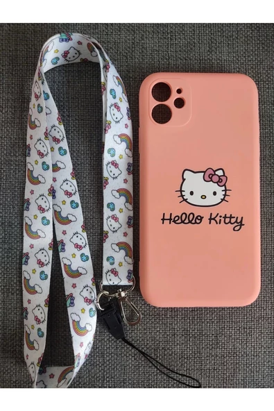 İPhone 11 Hello Kitty Tasarım Telefon Boyun Askılı Set Yavruağzı Renk Kılıf