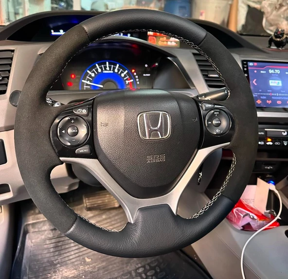 Honda Civic FB7 Araca Özel Direksiyon Kılıfı (ALCANTRA DAMARLI SİYAH İP) - Resim 2