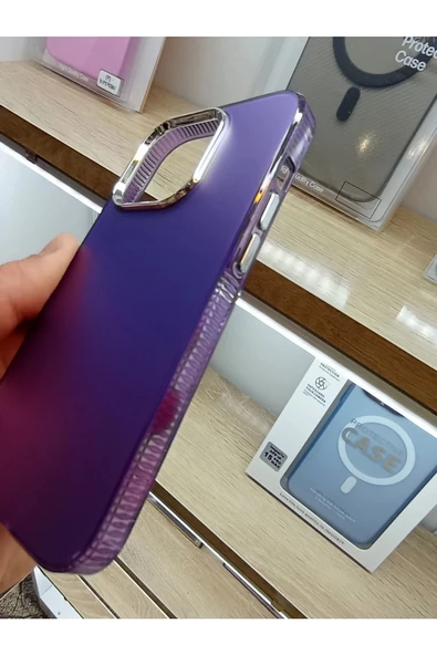 İPhone 14 Pro Max Uyumlu Hologramlı Mor Kılıf Tuşları Metal Darbe Korumalı Kapak - 5