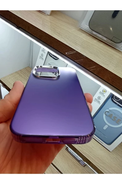 İPhone 14 Pro Uyumlu Hologramlı Mor Kılıf Tuşları Metal Darbe Korumalı Kapak - 5