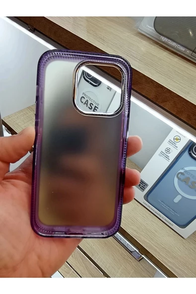 İPhone 14 Pro Uyumlu Hologramlı Mor Kılıf Tuşları Metal Darbe Korumalı Kapak - 2