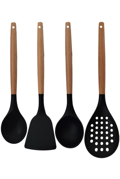 Selenica Silikon Bambu Saplı 4 Parça Mutfak Servis Seti Kaşık, Spatula, Kepçe, Kevgir - 3