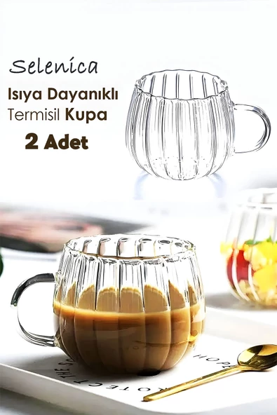 Selenica 300 ml Çizgili Desenli Isıya Dayanıklı Cam Kupa Kulplu Hediyelik Kahve Çay Bardağı