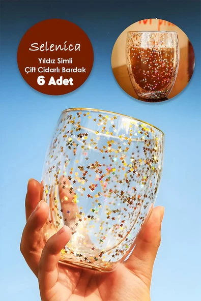 Selenica Dekoratif Simli Çift Cidarlı Bardak Hediyelik Özel Tasarım Kahve Çay Bardağı